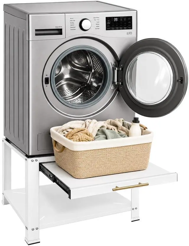 Main image of Washer and Dryer Pedestals with Drawer, 29" W x 29" D x 19.5" H Metal Heavy Duty Laundry Pedestal, Universal Washing Machine Stand for Basket Shelf, 850lbs Capacity, White