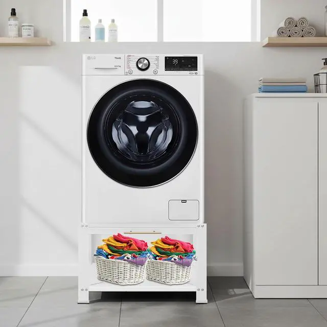 Alt view image 6 of 6 - Washer and Dryer Pedestals with Drawer, 29" W x 29" D x 19.5" H Metal Heavy Duty Laundry Pedestal, Universal Washing Machine Stand for Basket Shelf, 850lbs Capacity, White