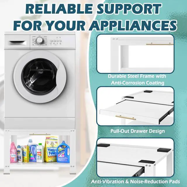 Alt view image 4 of 6 - Washer and Dryer Pedestals with Drawer, 29" W x 29" D x 19.5" H Metal Heavy Duty Laundry Pedestal, Universal Washing Machine Stand for Basket Shelf, 850lbs Capacity, White