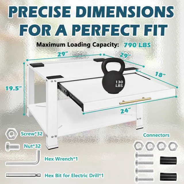 Alt view image 3 of 6 - Washer and Dryer Pedestals with Drawer, 29" W x 29" D x 19.5" H Metal Heavy Duty Laundry Pedestal, Universal Washing Machine Stand for Basket Shelf, 850lbs Capacity, White