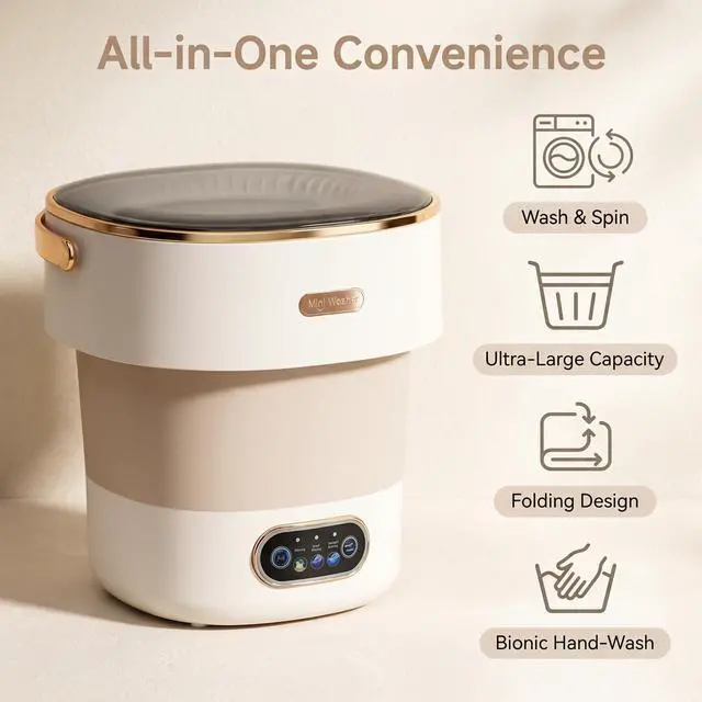 Alt view image 2 of 7 - Portable Collapsible Mini Washer with 3 Cleaning Modes & Drain Basket, 16L Foldable Small Laundry Machine for Travel Camping Dorms RV Apartments, Baby Clothes Underwear Socks Delicates (khaki)