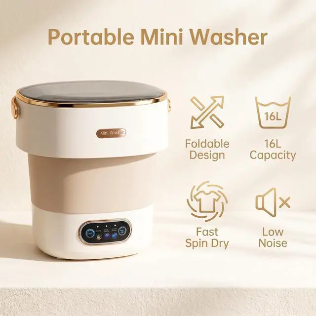 Alt view image 5 of 7 - Portable Collapsible Mini Washer with 3 Cleaning Modes & Drain Basket, 16L Foldable Small Laundry Machine for Travel Camping Dorms RV Apartments, Baby Clothes Underwear Socks Delicates (khaki)