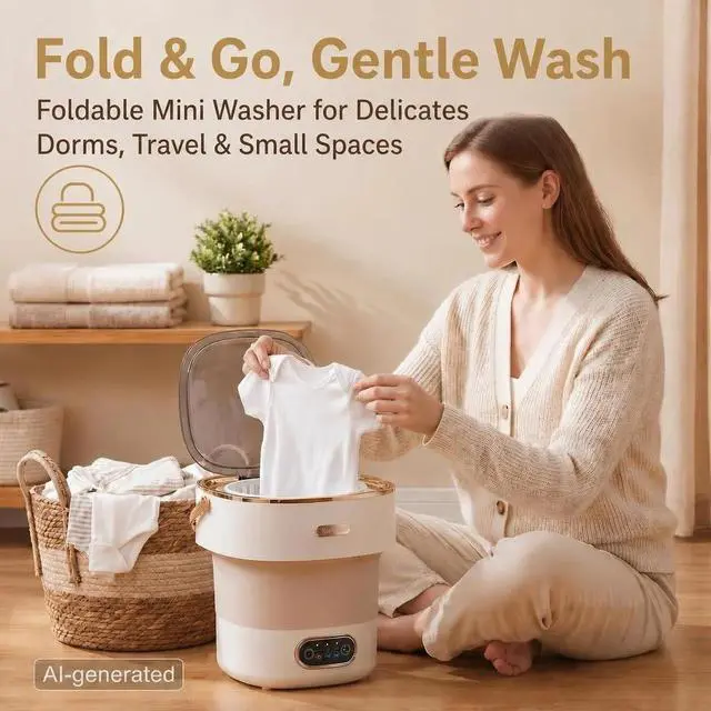 Alt view image 7 of 7 - Portable Collapsible Mini Washer with 3 Cleaning Modes & Drain Basket, 16L Foldable Small Laundry Machine for Travel Camping Dorms RV Apartments, Baby Clothes Underwear Socks Delicates (khaki)