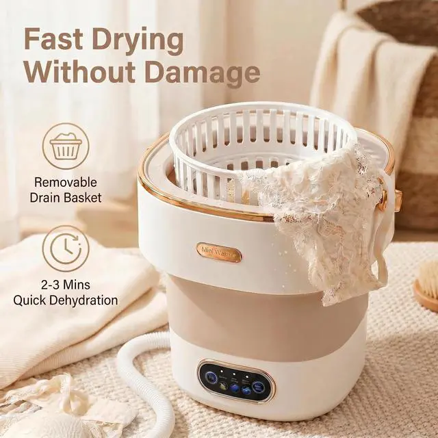 Alt view image 6 of 7 - Portable Collapsible Mini Washer with 3 Cleaning Modes & Drain Basket, 16L Foldable Small Laundry Machine for Travel Camping Dorms RV Apartments, Baby Clothes Underwear Socks Delicates (khaki)