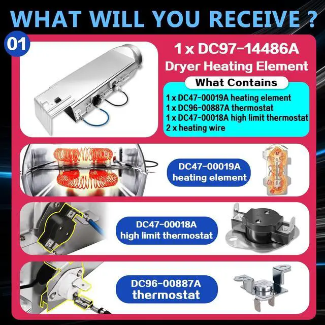 Alt view image 3 of 7 - DVE50M7450P/A3 DVE45N5300W/A3 Dryer Heating Element Kit Fit for Sam-sung | DVE45R6100P/A3 DVE45R6100W/A3 DV422EWHDWR/AA, DV419AEU/XAA DV419AEW/XAA DV448AEP/XAA, DV42H5200EP/A3 DVE50M7450W/A3 DV448AEW