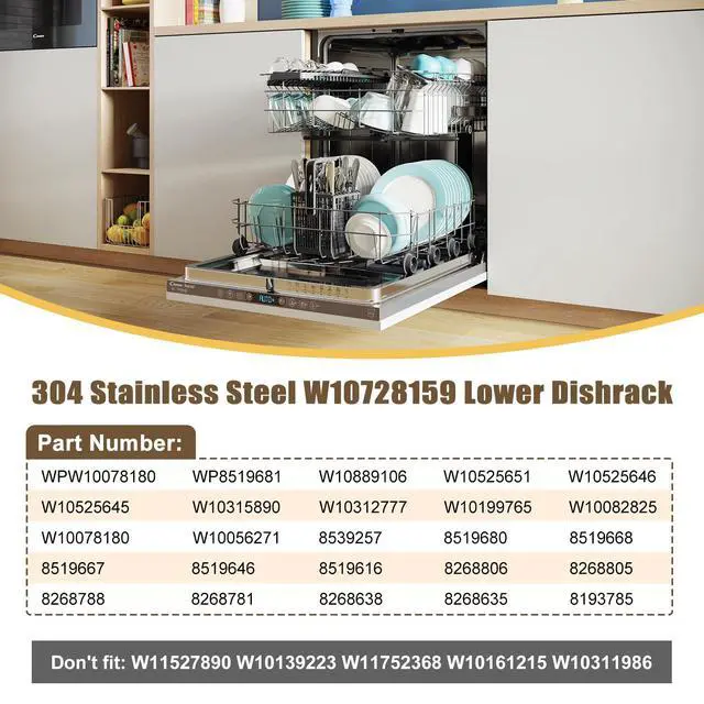 Alt view image 3 of 7 - UPGRADED 304 Stainless Steel W10728159 W10525646 Dishwasher Bottom Rack Replacement Compatible with Whirlpool Dishwasher Rack, Kitchenaid Dishwasher Rack, Kenmore Dishwasher Rack with WP3376961 Wheels