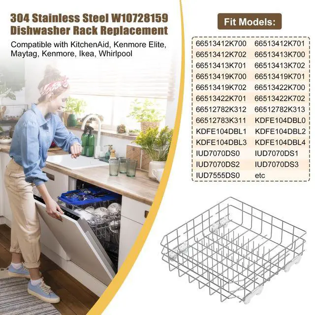 Alt view image 5 of 7 - UPGRADED 304 Stainless Steel W10728159 W10525646 Dishwasher Bottom Rack Replacement Compatible with Whirlpool Dishwasher Rack, Kitchenaid Dishwasher Rack, Kenmore Dishwasher Rack with WP3376961 Wheels