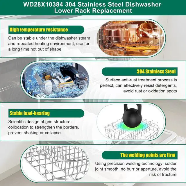 Alt view image 3 of 7 - Upgraded 304 Stainless Steel WD28X10384 Dishwasher Lower Rack Replacement for GE Dishwasher Bottom Rack GLD4500V00CC, GLC4400R40BB, GLD5660V00SS with WD35X21038 Wheels