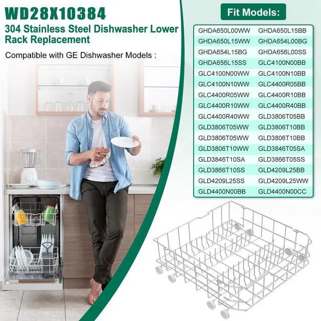 Alt view image 5 of 7 - Upgraded 304 Stainless Steel WD28X10384 Dishwasher Lower Rack Replacement for GE Dishwasher Bottom Rack GLD4500V00CC, GLC4400R40BB, GLD5660V00SS with WD35X21038 Wheels