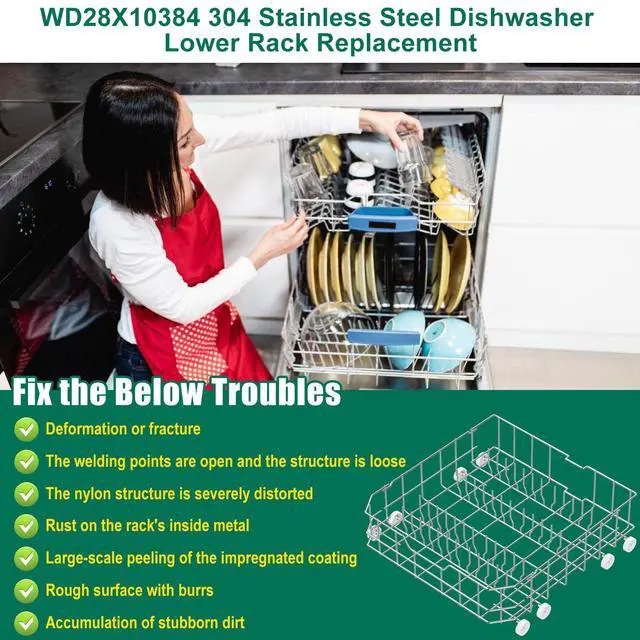 Alt view image 7 of 7 - Upgraded 304 Stainless Steel WD28X10384 Dishwasher Lower Rack Replacement for GE Dishwasher Bottom Rack GLD4500V00CC, GLC4400R40BB, GLD5660V00SS with WD35X21038 Wheels