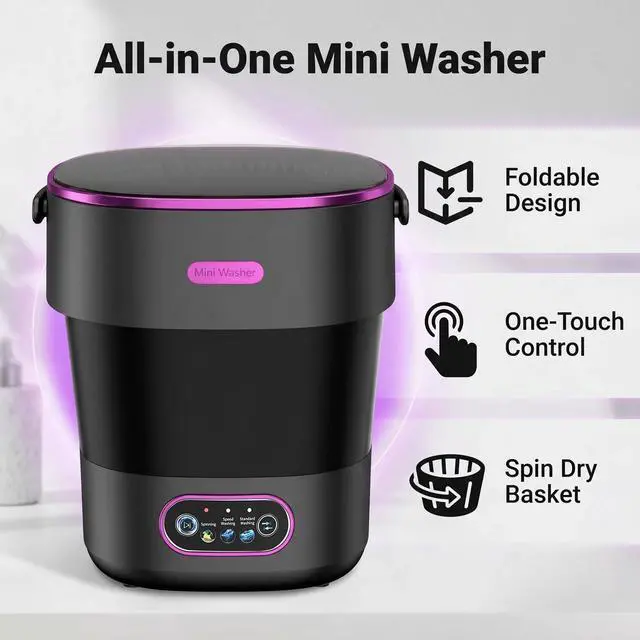 Alt view image 3 of 7 - Portable Washing Machine 16L Foldable Mini Washer with Spin Basket, 3 Timer Modes & Blue Light | For Baby Clothes, Dorms, RVs, Apartments & Travel