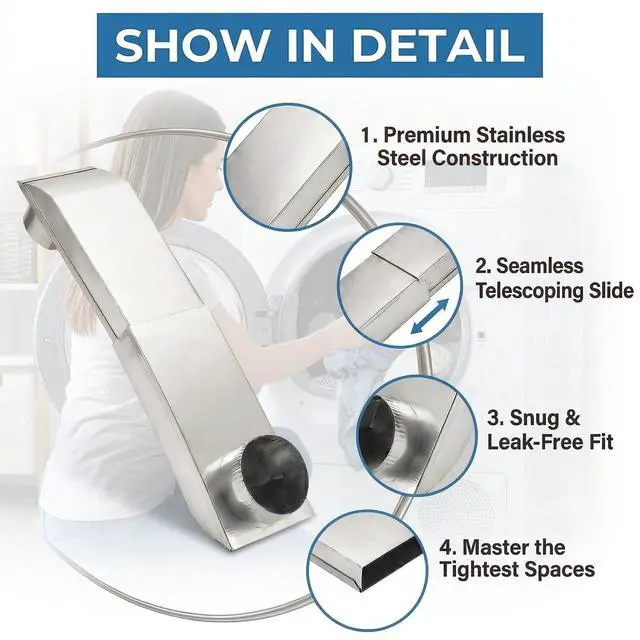 Alt view image 5 of 7 - 12"-19" Telescoping Dryer Vent Periscope Kit, Upgraded 304 Stainless Steel Adjustable Flat Vent for Tight Spaces, Universal 4" Fit with Aluminum Foil Tape Included