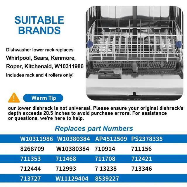 Alt view image 4 of 7 - OEM 2026 UPGRADED W10311986 W10380384 Dishwasher Lower Rack Assembly for Whirlpool Kenmore Dishwasher Rack Replacement Parts,W10311986 W11158802 For Maytag stainless steel Dishwasher Bottom Rack