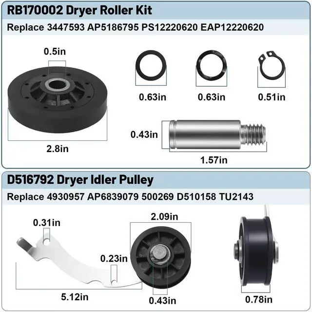 Alt view image 2 of 7 - Upgraded RB170002 4-in-1 Dryer Rebuild Kit Compatible with Spe-ed Qu-een 1992 & Newer Dryer - with RB170002 Rollers & D516792 Idler Pulley & D511255P Belt & RB170003 Drum Glides by