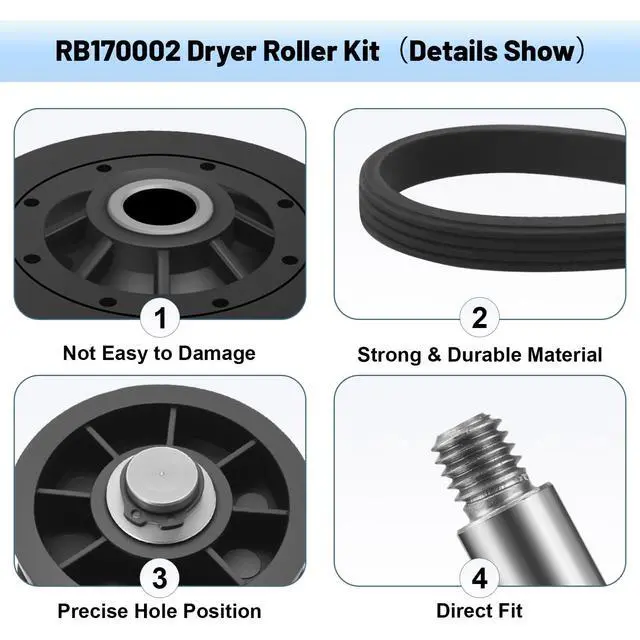 Alt view image 5 of 7 - Upgraded RB170002 4-in-1 Dryer Rebuild Kit Compatible with Spe-ed Qu-een 1992 & Newer Dryer - with RB170002 Rollers & D516792 Idler Pulley & D511255P Belt & RB170003 Drum Glides by
