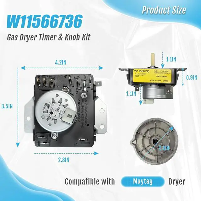 Alt view image 2 of 7 - W11566736 W11701755 Gas Dryer Timer & Knob Kit for Whirlpool Maytag (115VAC 60Hz), Replace 4982474 AP7225135 OEM28900542 PS17629166 EAP17629166 FIX17629166 162-427-1 23263CD2 T2