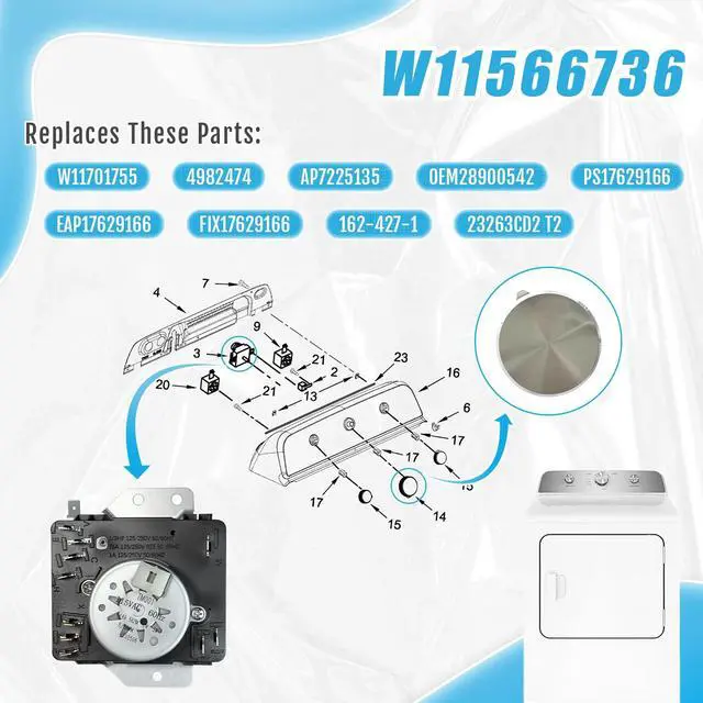 Alt view image 3 of 7 - W11566736 W11701755 Gas Dryer Timer & Knob Kit for Whirlpool Maytag (115VAC 60Hz), Replace 4982474 AP7225135 OEM28900542 PS17629166 EAP17629166 FIX17629166 162-427-1 23263CD2 T2