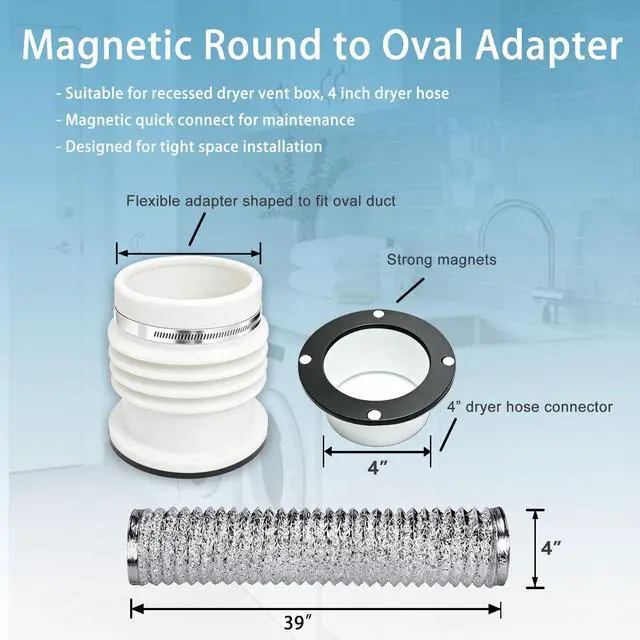 Alt view image 2 of 5 - Round to Oval Adapter Magnetic Connect for Recessed Dryer Vent Box | Magnetic Connect | 4 Inch Dryer Hose Connector for Tight Space | Quick Disconnect for Lint Cleaning and Maintenance | White