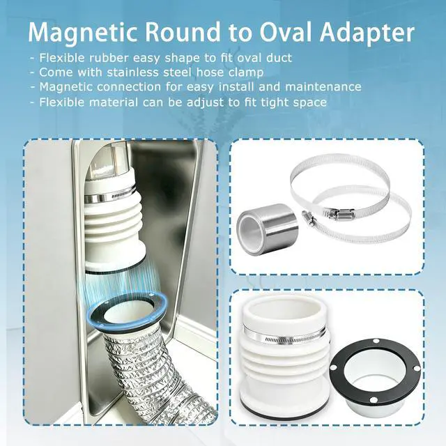 Alt view image 3 of 5 - Round to Oval Adapter Magnetic Connect for Recessed Dryer Vent Box | Magnetic Connect | 4 Inch Dryer Hose Connector for Tight Space | Quick Disconnect for Lint Cleaning and Maintenance | White