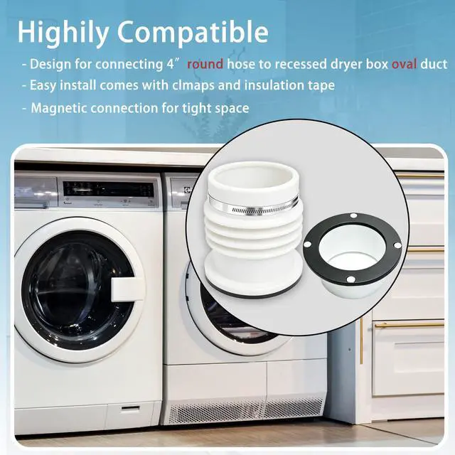 Alt view image 5 of 5 - Round to Oval Adapter Magnetic Connect for Recessed Dryer Vent Box | Magnetic Connect | 4 Inch Dryer Hose Connector for Tight Space | Quick Disconnect for Lint Cleaning and Maintenance | White