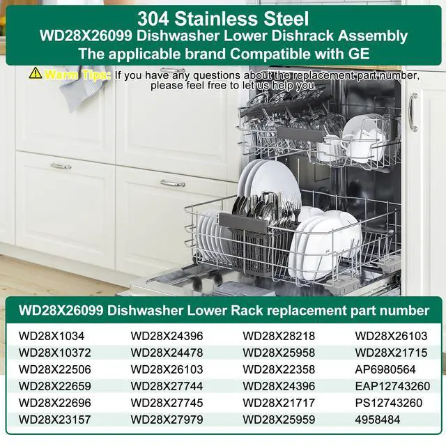 Alt view image 4 of 7 - UPGRADED 304 Stainless Steel WD28X26099 WD28X24396 Dishwasher Lower Rack Replacement Compatible with GE Dishwasher Rack Parts With WD28X27241 Wheel & WD28X10128 Universal Dishwasher Silverware Basket