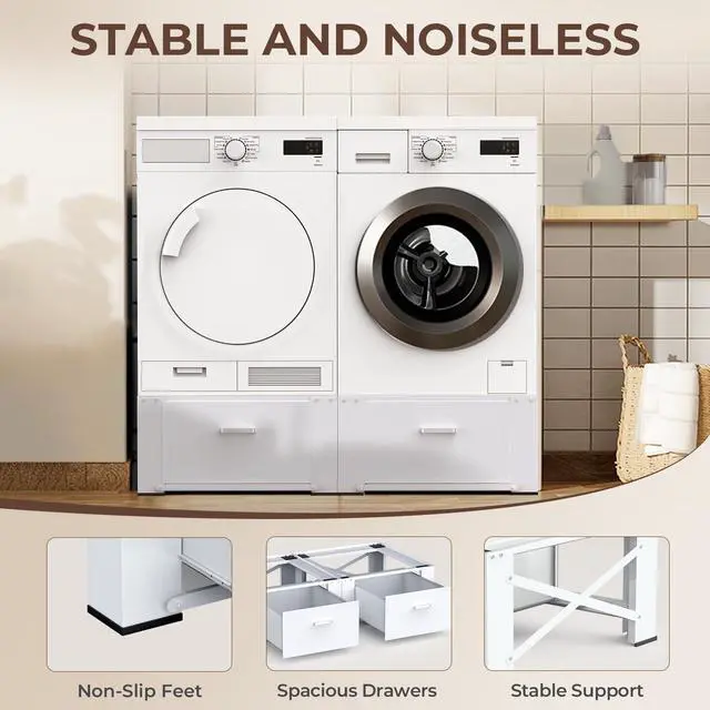 Alt view image 5 of 7 - 29" Washer and Dryer Pedestals with Drawer- Laundry Pedestal Stand for Washer and Dryer Set of 2,Alloy Steel Washing Machine Stand Raiser, washer dryer pedestal 14.3'' Height White