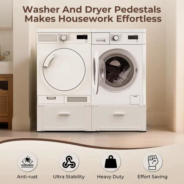 Alt view image 7 of 7 - 29" Washer and Dryer Pedestals with Drawer- Laundry Pedestal Stand for Washer and Dryer Set of 2,Alloy Steel Washing Machine Stand Raiser, washer dryer pedestal 14.3'' Height White