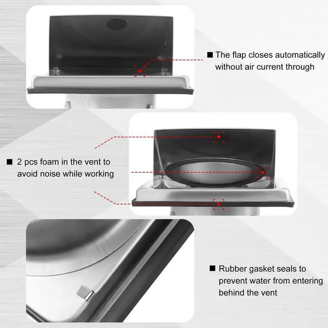 Alt view image 4 of 6 - 4 Pcs 4inch Metal Dryer Vent Cover Outdoor, Stainless Steel External Extractor Wall Vent Cushioned Non Return Flap with Rubber Gaskets for Home Industrial Facility Replacement(Silver)