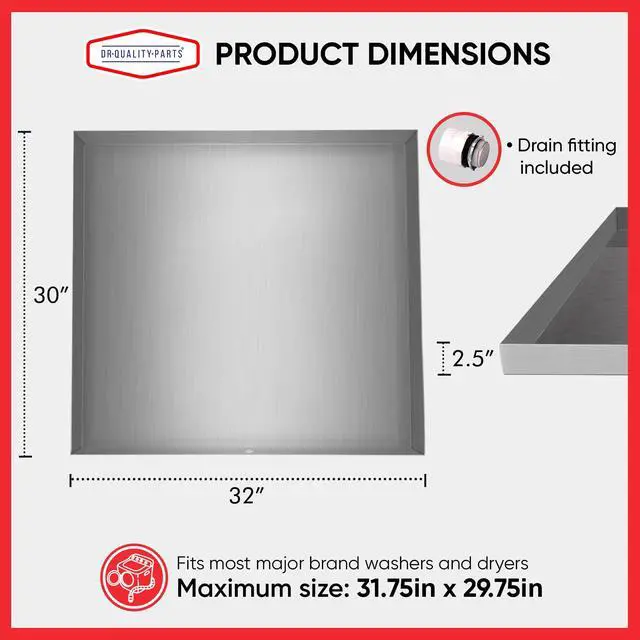 Alt view image 4 of 7 - 32" x 30" 2.5" Heavy Duty Washer Machine Drain Pan, Stainless Steel Fine (With Hole)