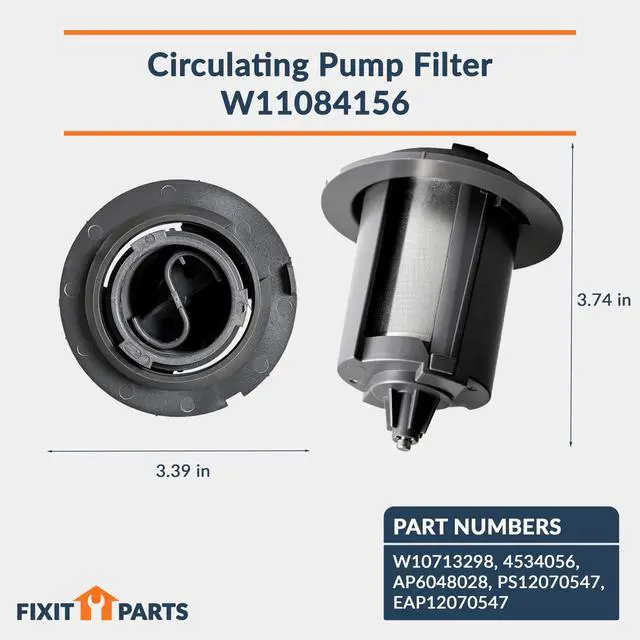 Alt view image 5 of 7 - US-Based Supplier W11084156 Circulating Pump Filter replaces W10713298 Compatible with Whirlpool, KitchenAid, Kenmore dishwashers 3.74" X 3.39"