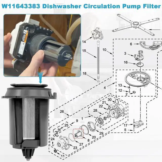 Alt view image 4 of 6 - W11643383 Dishwasher Circulation Pump Filter Replaces the W11108699 | Compatible with Whirlpool Maytag KitchenAid, Applicable to MDB4949SKB0, KDFM404KBS0, KDTM404KBS0, MDB4949SKB0 Etc