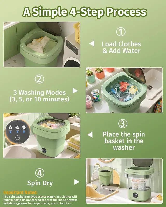 Alt view image 2 of 7 - Portable Washing Machine, Folding 20L Mini Washer and Spin-Dryer | 3 modes with deep cleaning. Compact for apartments, dorms, home, RV, and travel. For small clothes and delicates. Green