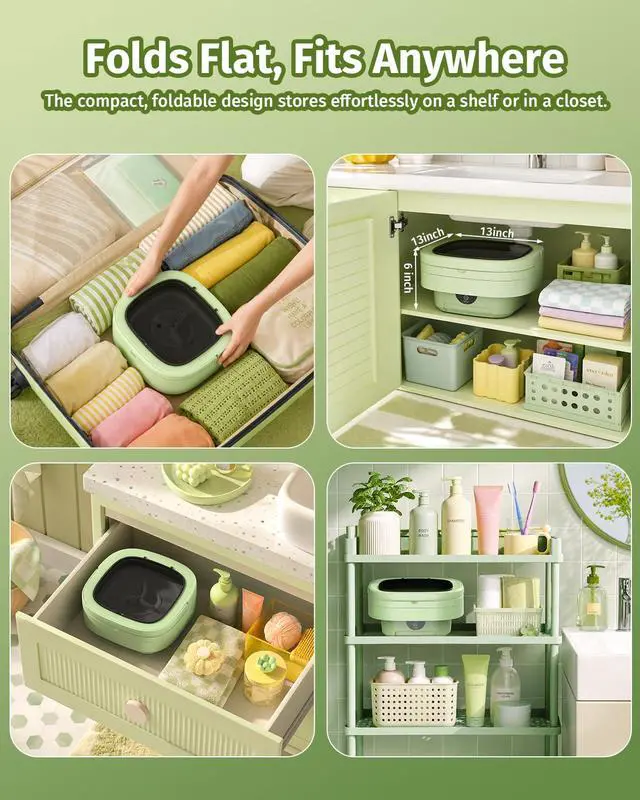 Alt view image 3 of 7 - Portable Washing Machine, Folding 20L Mini Washer and Spin-Dryer | 3 modes with deep cleaning. Compact for apartments, dorms, home, RV, and travel. For small clothes and delicates. Green