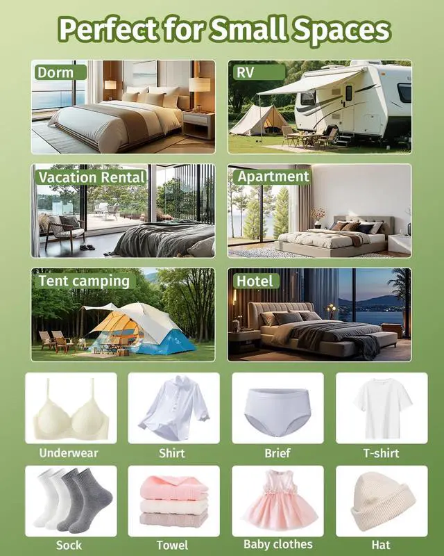 Alt view image 4 of 7 - Portable Washing Machine, Folding 20L Mini Washer and Spin-Dryer | 3 modes with deep cleaning. Compact for apartments, dorms, home, RV, and travel. For small clothes and delicates. Green