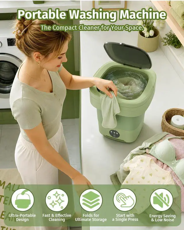 Alt view image 7 of 7 - Portable Washing Machine, Folding 20L Mini Washer and Spin-Dryer | 3 modes with deep cleaning. Compact for apartments, dorms, home, RV, and travel. For small clothes and delicates. Green