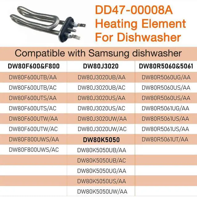 Alt view image 4 of 6 - DD47-00008A Dishwasher Heating Element Water Heater Sheath Heater (120V,1100w) For Samsung DW80F600 Series, DW80F800 Series, DW80J3020 Series, DW80K5050 Series, DW80R5060 Series, DW80R5061 Series
