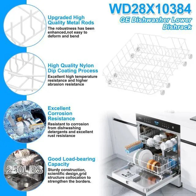 Alt view image 2 of 6 - Upgraded WD28X10384 WD28X10309 Dishwasher Lower Rack Compatible with GE Dishwasher Rack Replacement Parts,WD28X10166 WD28X10165 General Electric Dishwasher Parts Bottom Rack GLD4560V00SS with Wheels