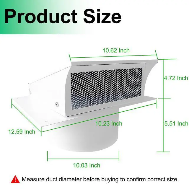 Alt view image 7 of 7 - 10 Inch White Exterior Dryer Vent Cover Outside, Wall Vent Cover Outdoor Hooded Wall Vent with Backdraft Damper for Dryer Kitchen Bathroom Range Hood HVAC Duct Vent, Galvanized Steel