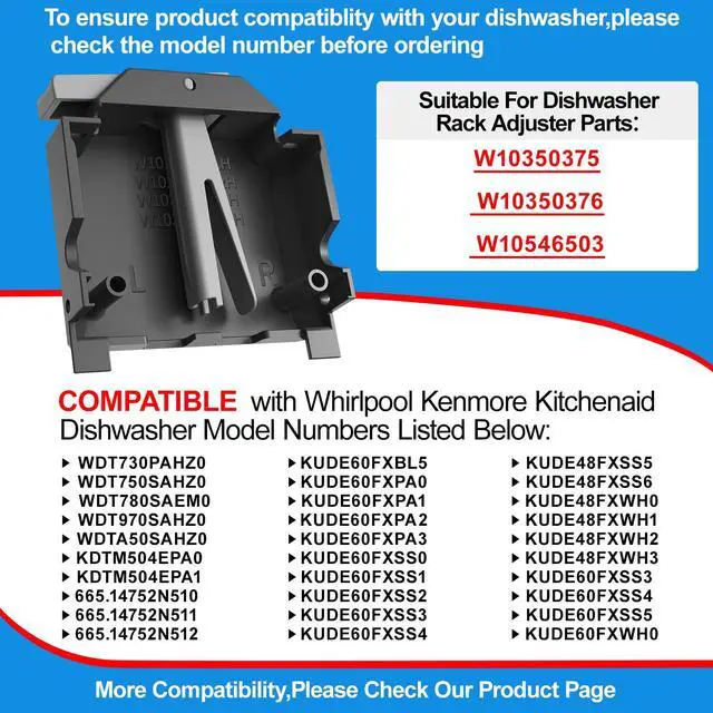 Alt view image 4 of 7 - Upgraded WPW10546503 KDPE234GPS0 Dishwasher Top Rack Adjuster & Upgraded Dishwasher Adjuster Housing W10195372 W10195373 For KitchenAid Dishwasher Part Upper Part W10546503 KDTE334GPS0