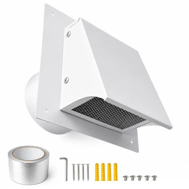 Main image of 8 Inch White Exterior Dryer Vent Cover Outside, Wall Vent Cover Outdoor Hooded Wall Vent with Backdraft Damper for Dryer Kitchen Bathroom Range Hood HVAC Duct Vent, Galvanized Steel