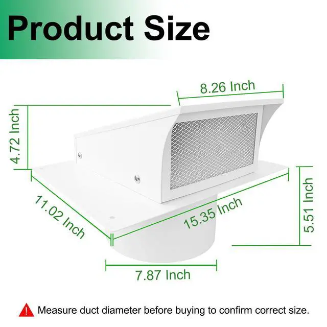 Alt view image 2 of 7 - 8 Inch White Exterior Dryer Vent Cover Outside, Wall Vent Cover Outdoor Hooded Wall Vent with Backdraft Damper for Dryer Kitchen Bathroom Range Hood HVAC Duct Vent, Galvanized Steel