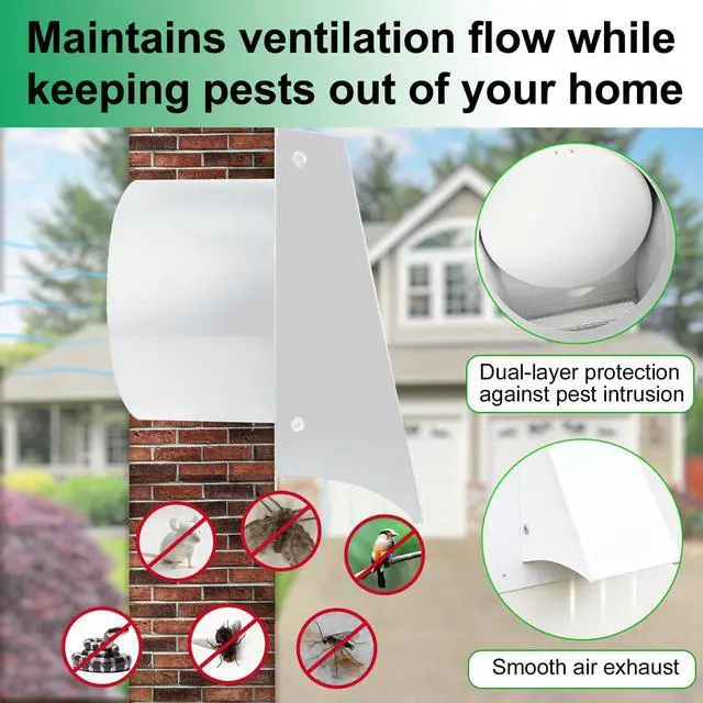 Alt view image 7 of 7 - 8 Inch White Exterior Dryer Vent Cover Outside, Wall Vent Cover Outdoor Hooded Wall Vent with Backdraft Damper for Dryer Kitchen Bathroom Range Hood HVAC Duct Vent, Galvanized Steel