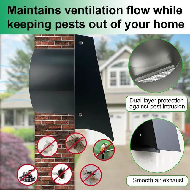 Alt view image 2 of 7 - 8 Inch Black Exterior Dryer Vent Cover Outside, Wall Vent Cover Outdoor Hooded Wall Vent with Backdraft Damper for Dryer Kitchen Bathroom Range Hood HVAC Duct Vent, Galvanized Steel