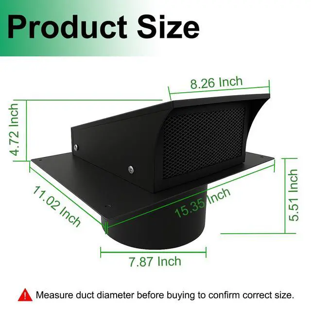 Alt view image 7 of 7 - 8 Inch Black Exterior Dryer Vent Cover Outside, Wall Vent Cover Outdoor Hooded Wall Vent with Backdraft Damper for Dryer Kitchen Bathroom Range Hood HVAC Duct Vent, Galvanized Steel