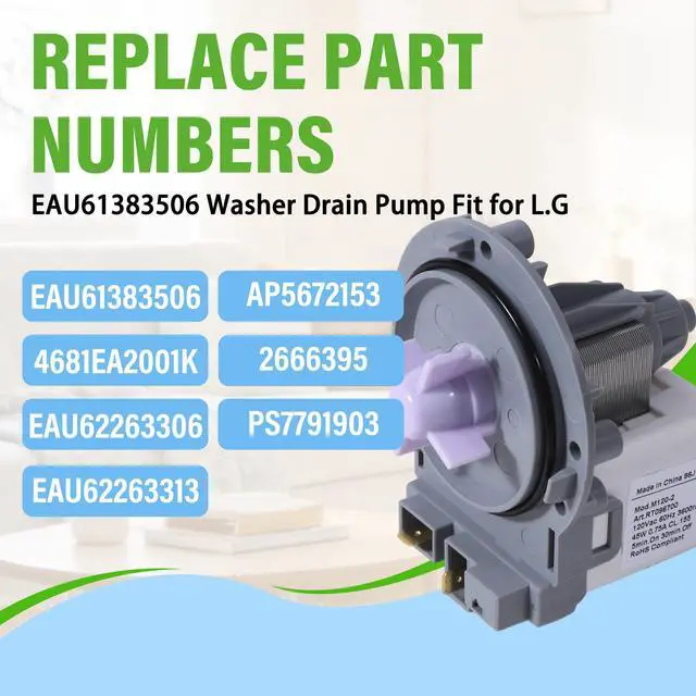 Alt view image 4 of 7 - EAU61383506 WM3488HW WM3477HS Washer Drain Water Pump Motor Fit for L.G | WM3488HW WM3477HS WM3488HS WM1355HW WM3477HW WM1377HW WM1355HR WM3455HS WM3455HW, 4681EA2001K, Front Loading Washing Machine