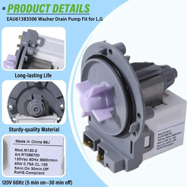 Alt view image 7 of 7 - EAU61383506 WM3488HW WM3477HS Washer Drain Water Pump Motor Fit for L.G | WM3488HW WM3477HS WM3488HS WM1355HW WM3477HW WM1377HW WM1355HR WM3455HS WM3455HW, 4681EA2001K, Front Loading Washing Machine