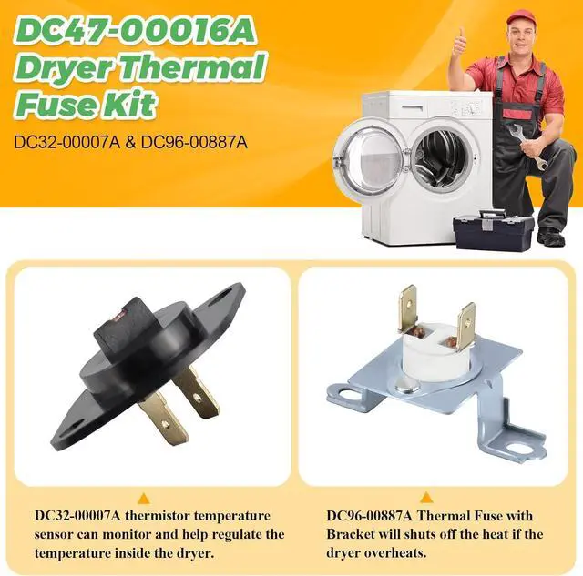 Alt view image 6 of 7 - Upgraded DC97-14486A DC97-14486D Dryer Heating Element Assembly & DC47-00016A Dryer Thermal Fuse Kit