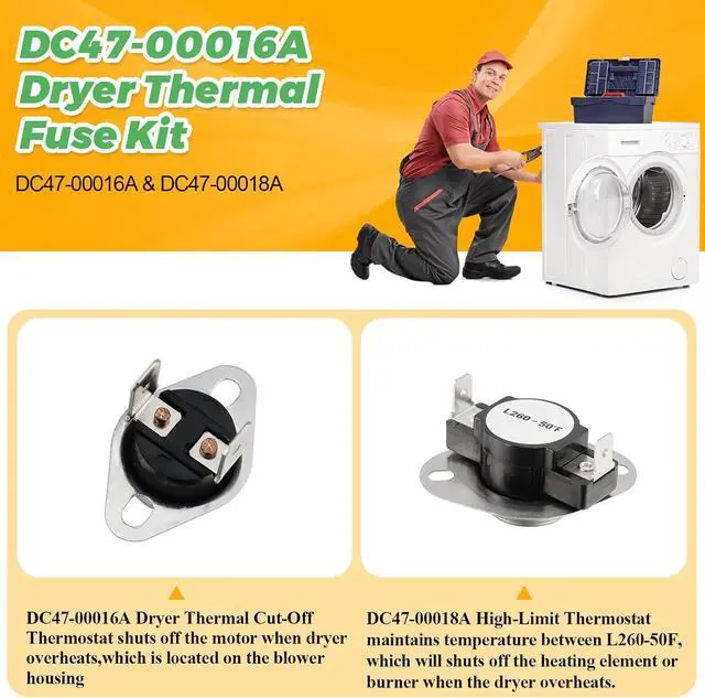 Alt view image 7 of 7 - Upgraded DC97-14486A DC97-14486D Dryer Heating Element Assembly & DC47-00016A Dryer Thermal Fuse Kit
