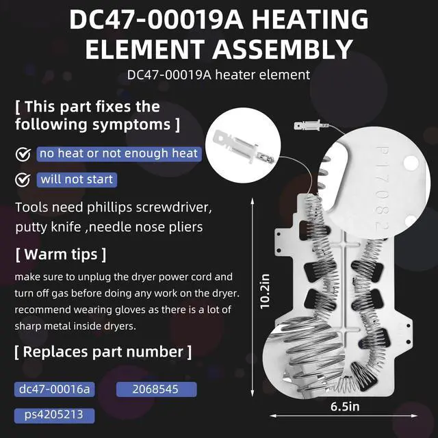 Alt view image 3 of 6 - DC47-00019A DC97-14486A Dryer Heating Element for Samsung Dryers DV45H7000EW/A2 DV40J3000EW/A2 DV42H5000EW/A3 DVE50M7450W/A3 DV42H5200EW/A3 DV48H7400EW/A2 DVE50R5400V/A3 DV42H5200EP/A3
