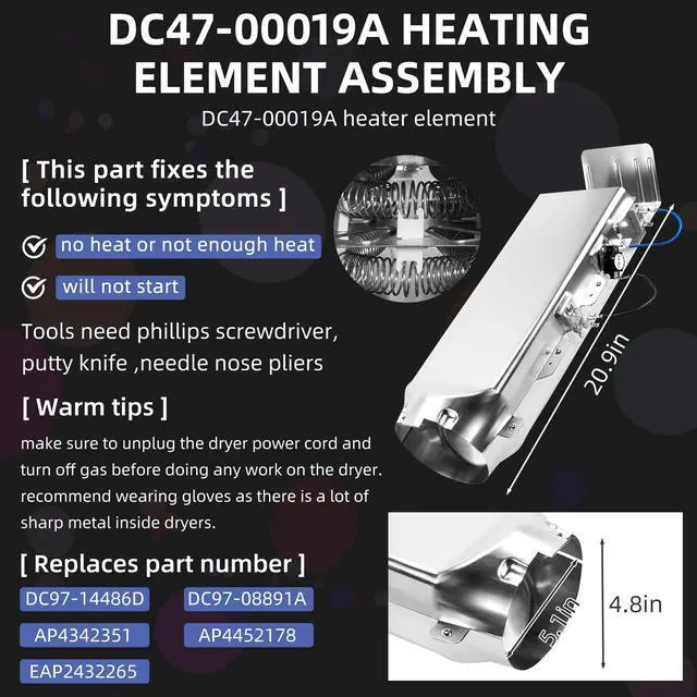 Alt view image 3 of 6 - 2026 UpgradedDC97-14486A Dryer Heating Element for Samsung DVE50R5200W/A3 DVE50R5400V/A3 DV40J3000EW/A2 DV45H7000EW/A2 DV42H5000EW/A3 DVE50M7450W/A3 DV42H5200EP/A3 DV42H5200EW/A3 DVE45R6100C/A3